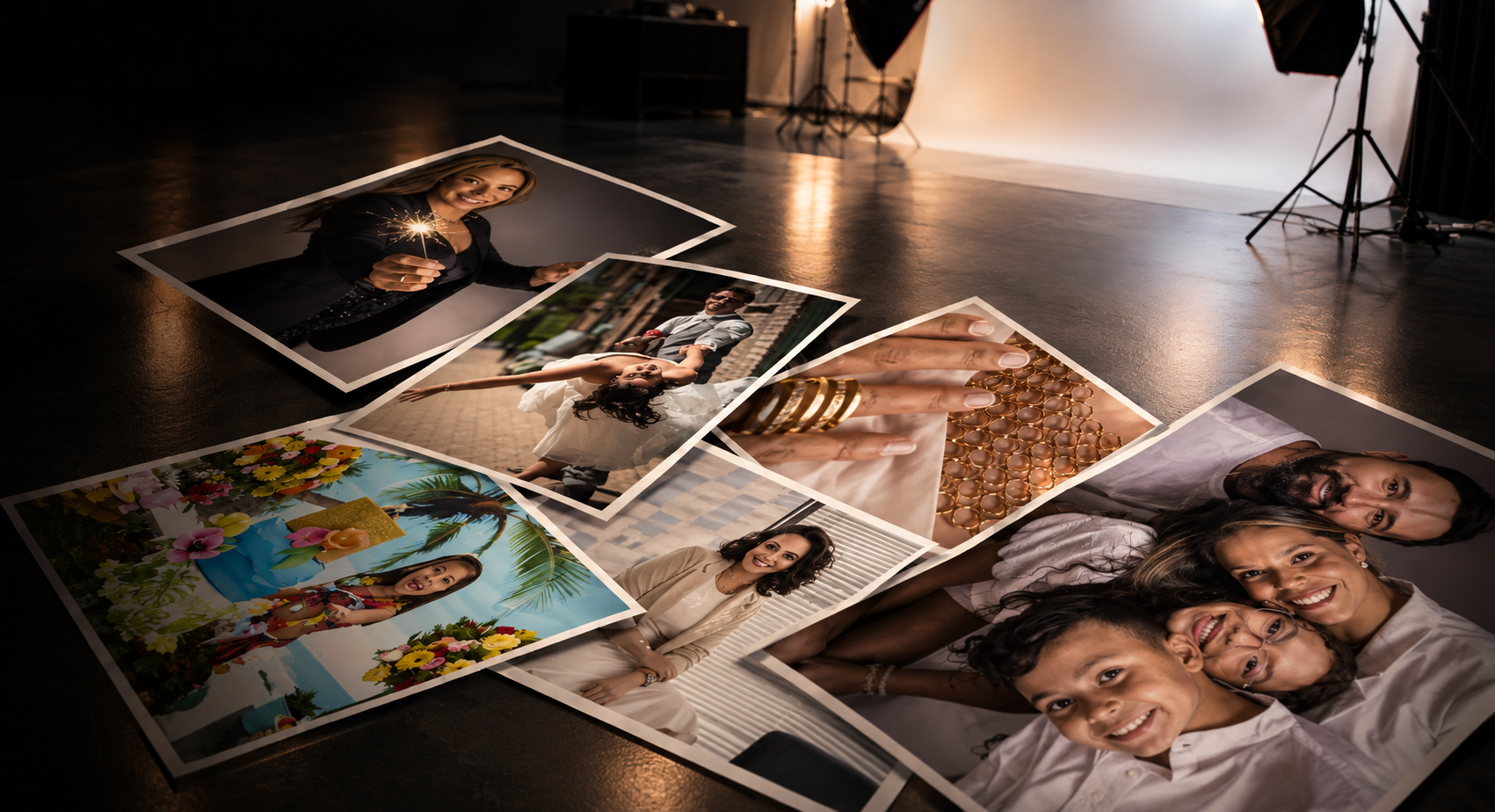 Estúdio fotográfico com fotografias reveladas sobre o piso